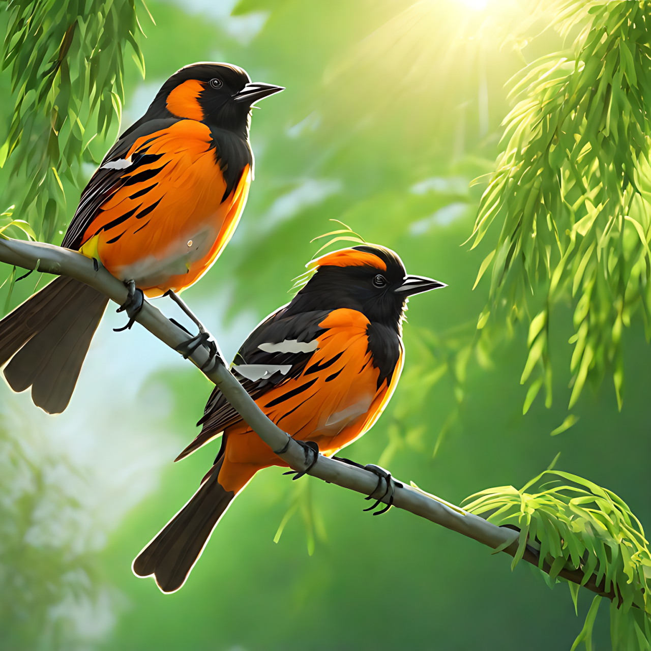 此时,两只黄鹂鸟在翠绿的柳树枝头欢快地歌唱,歌声清脆悦耳,犹如在