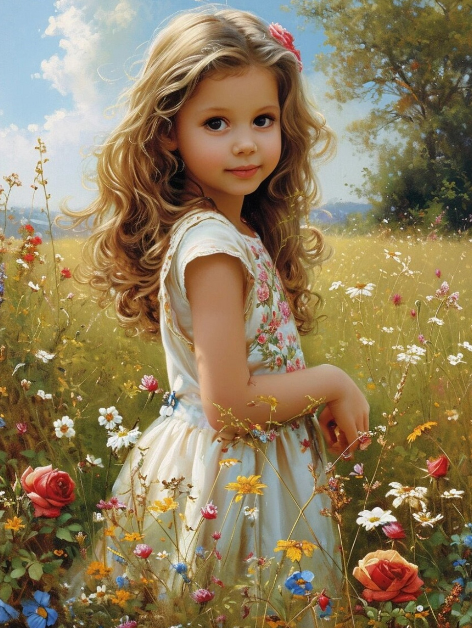 油画:站在田野中的小女孩  在这幅深邃的油画中,一个小女孩站在广袤的