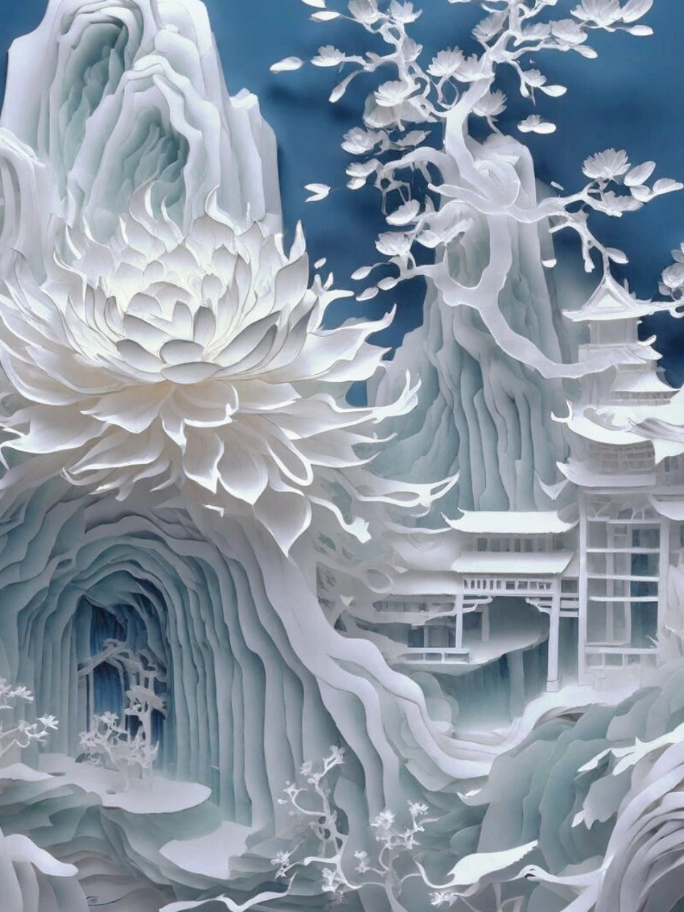 立体山水·用纸雕刻广寒仙境  纸雕山水,一种源自中国传统山水画的