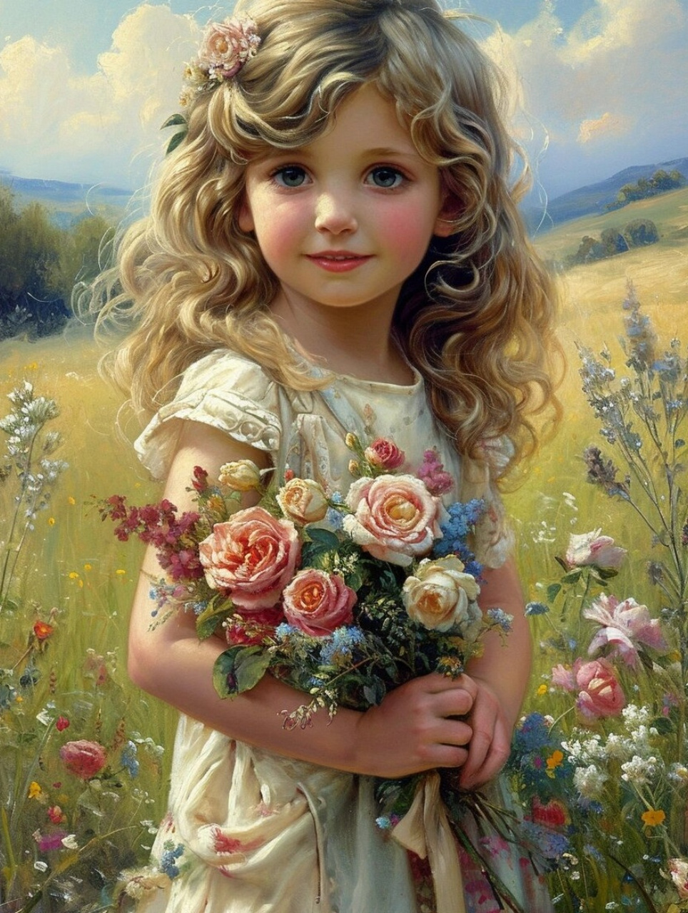 油画:站在田野中的小女孩  在这幅深邃的油画中,一个小女孩站在广袤的