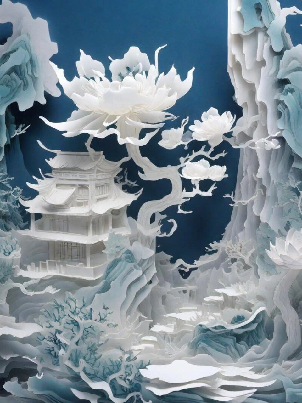立体山水·用纸雕刻广寒仙境  纸雕山水,一种源自中国传统山水画的