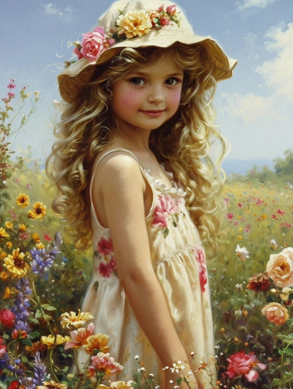 油画:站在田野中的小女孩  在这幅深邃的油画中,一个小女孩站在广袤的