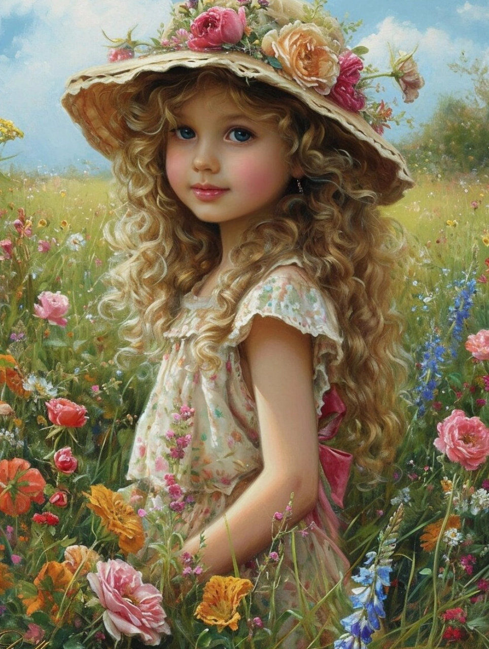 油画:站在田野中的小女孩  在这幅深邃的油画中,一个小女孩站在广袤的