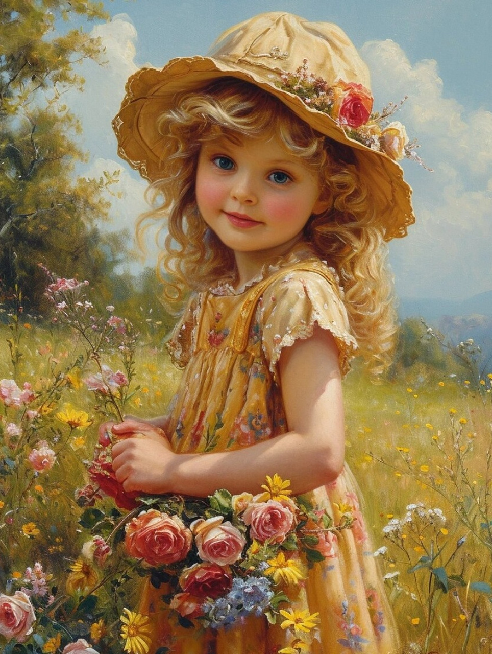 油画:站在田野中的小女孩  在这幅深邃的油画中,一个小女孩站在广袤的