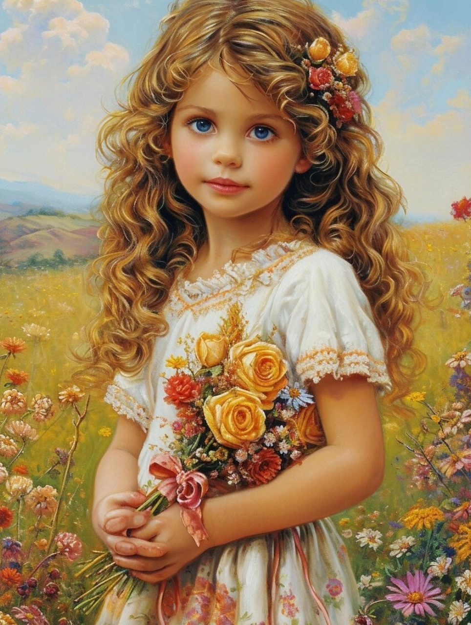 油画:站在田野中的小女孩  在这幅深邃的油画中,一个小女孩站在广袤的