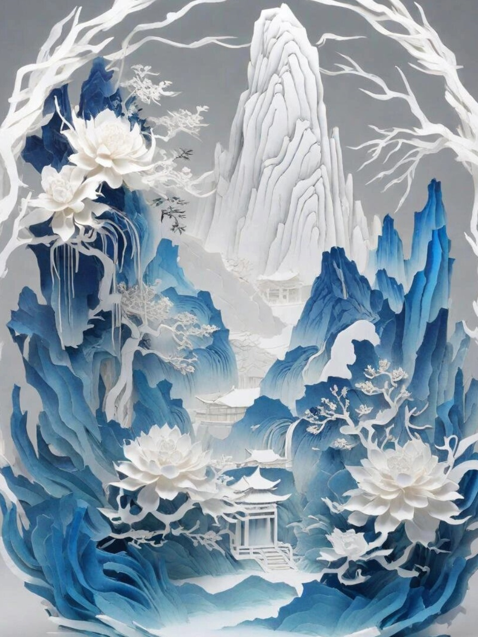 立体山水·用纸雕刻广寒仙境  纸雕山水,一种源自中国传统山水画的