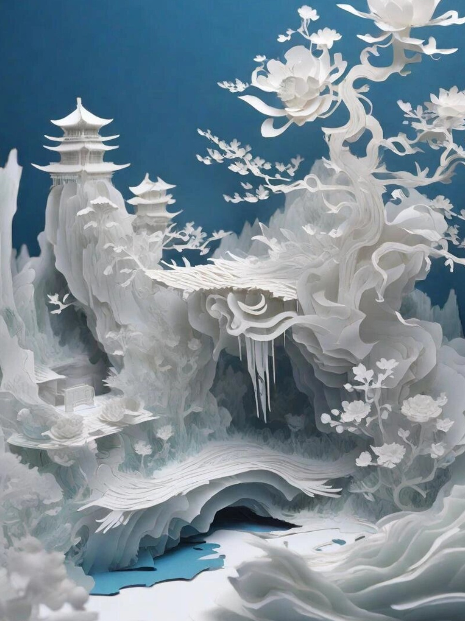 立体山水·用纸雕刻广寒仙境  纸雕山水,一种源自中国传统山水画的