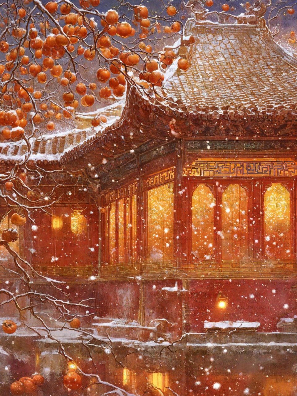 红墙白雪 水彩画图片