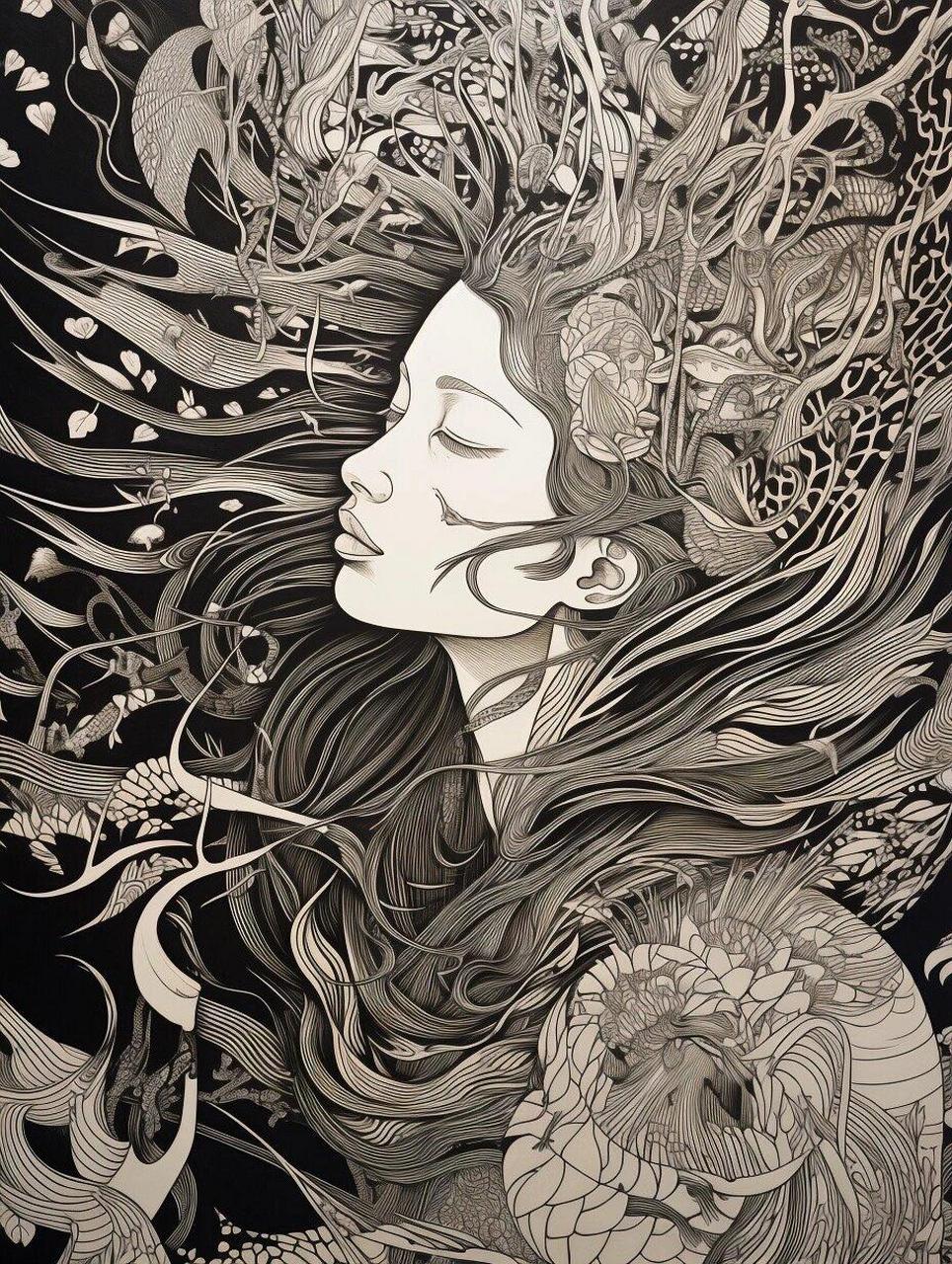 绝美女性侧颜杀·黑白木刻版画·码住  我此刻正沉浸在一幅绝美的艺术