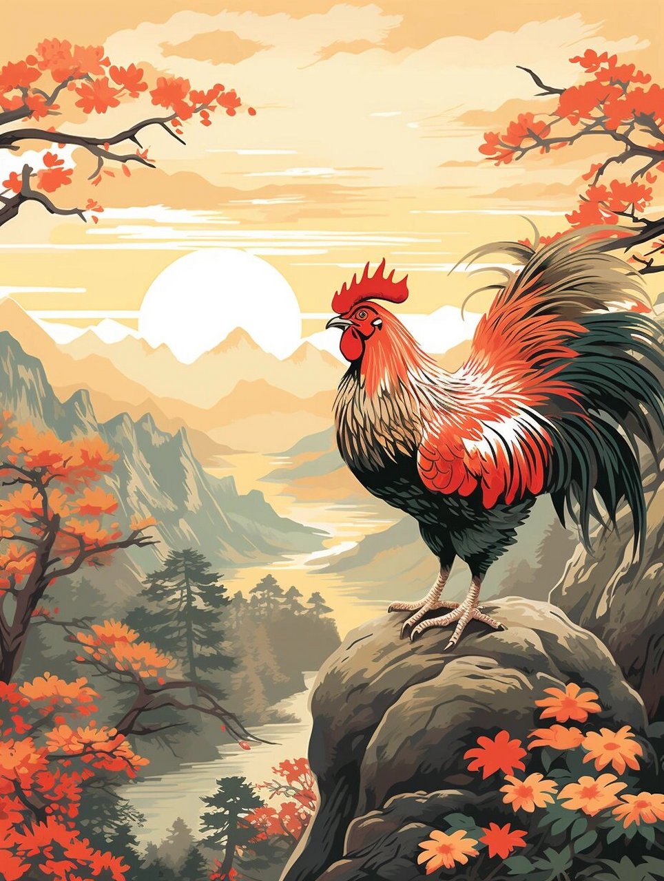 金鸡报晓-鸿运当头  在中国文化象征体系中,公鸡承载了丰富的寓意内涵
