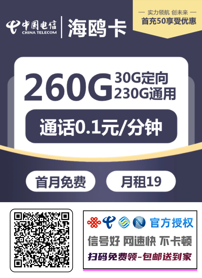 『电信海鸥卡』19元/月：230G通用+30G定向+通话0.1元/分钟，首月免月租插图2羊毛日报