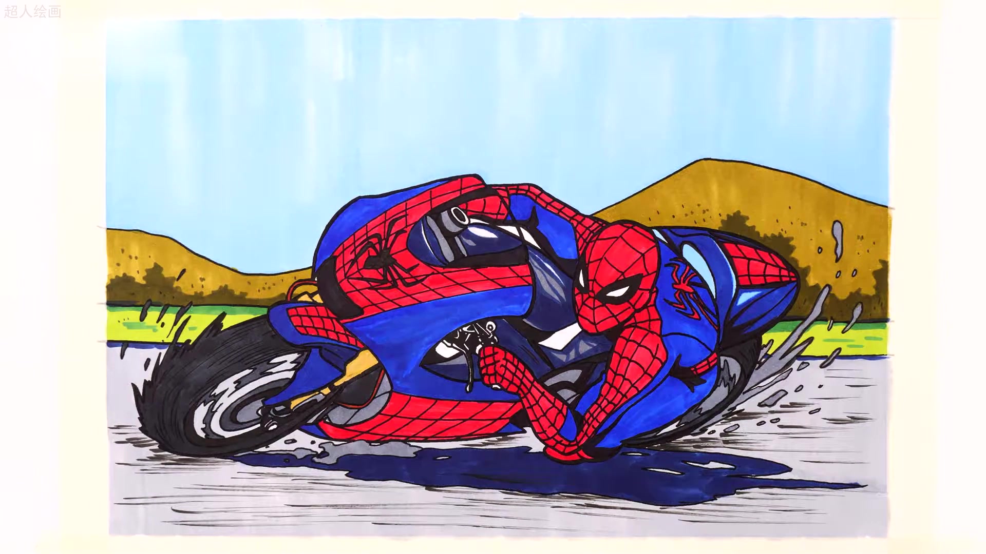 绘制骑摩托车的超级英雄蜘蛛侠