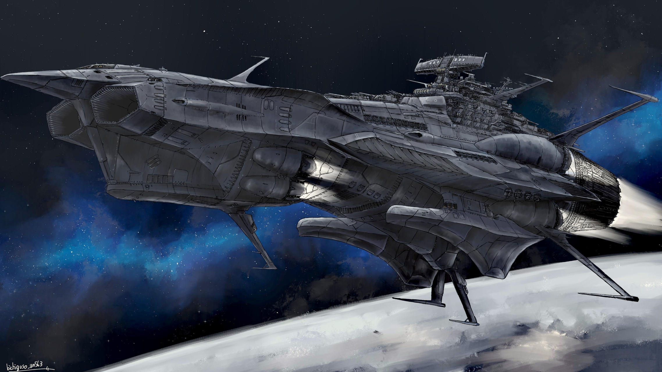 画师bichiguso绘制的一组太空战舰插画作品,展现了人类未来的宇宙战舰
