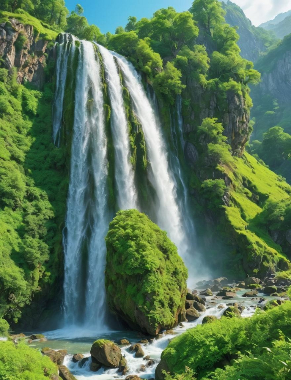 ai生成的一组山水风景作品,描绘了层峦叠嶂的山峰和蜿蜒的溪流,绿色