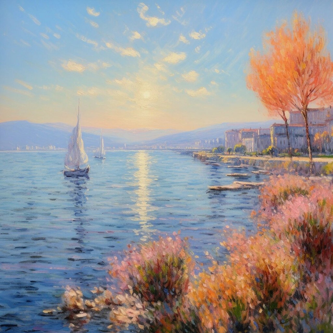 莫奈风格油画:海边·午后  午后的阳光透过云层洒在波光粼粼的海面