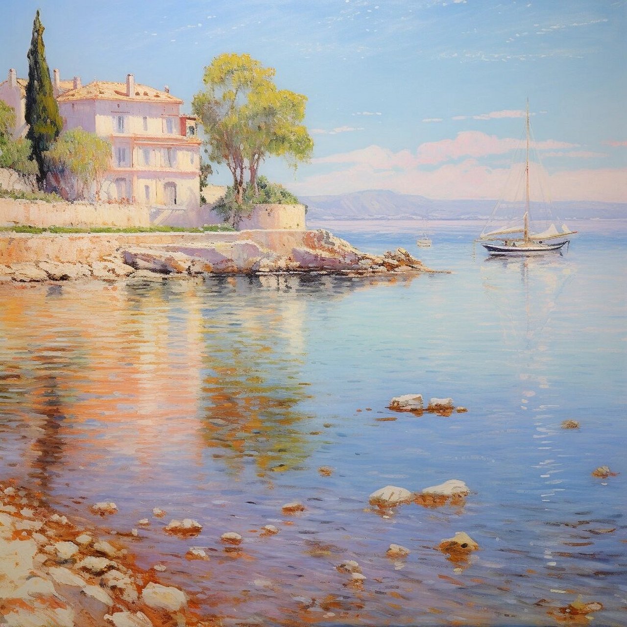 莫奈风格油画:海边·午后  午后的阳光透过云层洒在波光粼粼的海面