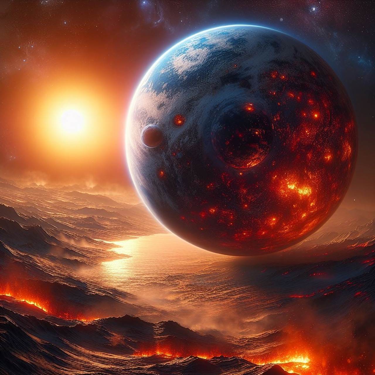 一颗年轻而渺小的行星,像熔炉一样炽热,一面面对它