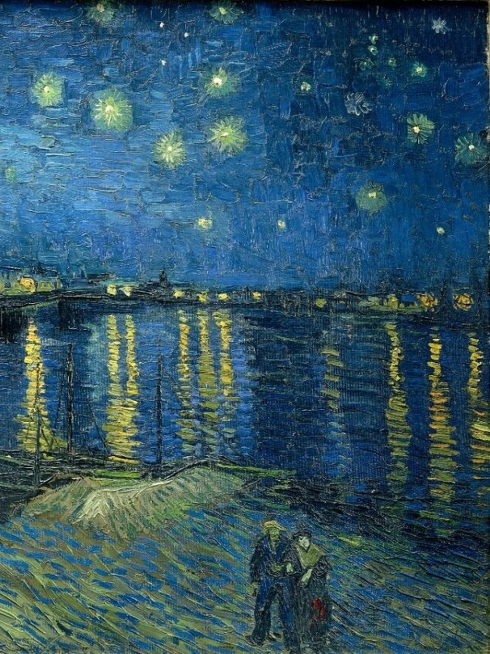 在这幅画中,梵高以独特的笔触描绘了罗纳河畔宁静的夜晚.