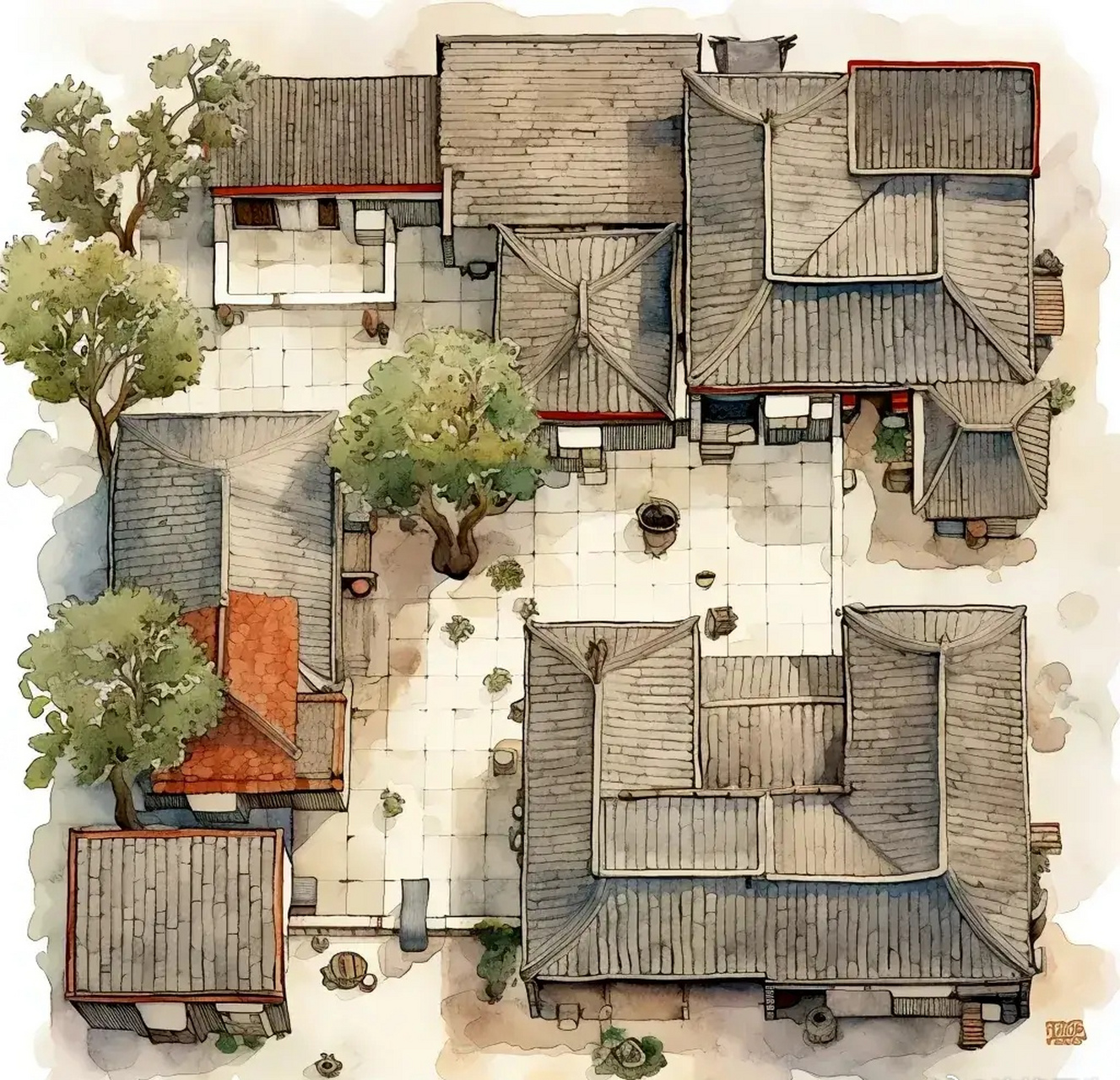 一组庭院俯瞰绘画作品欣赏,描绘了不同布局特色的院落,青砖瓦房与绿色