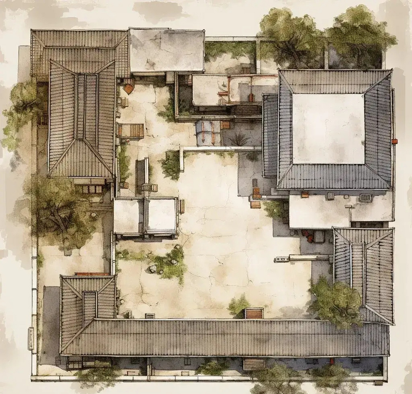 一组庭院俯瞰绘画作品欣赏,描绘了不同布局特色的院落