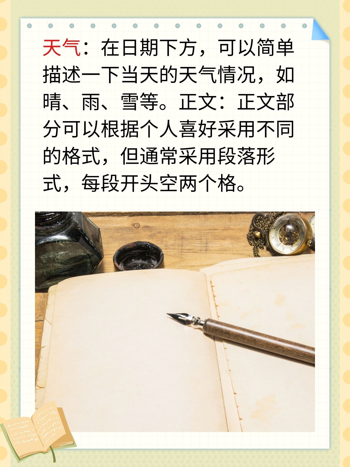 我认为日记格式包括标题日期天气正文和结尾