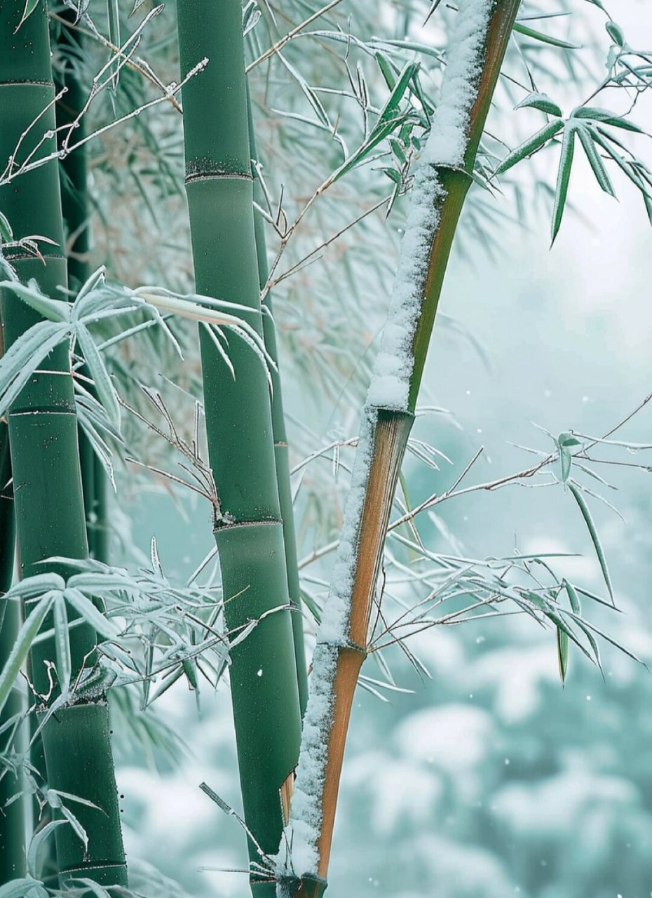 雪花在竹林间舞动,使花儿更加艳丽,冬天的韵味深藏其中,绿意盎然.