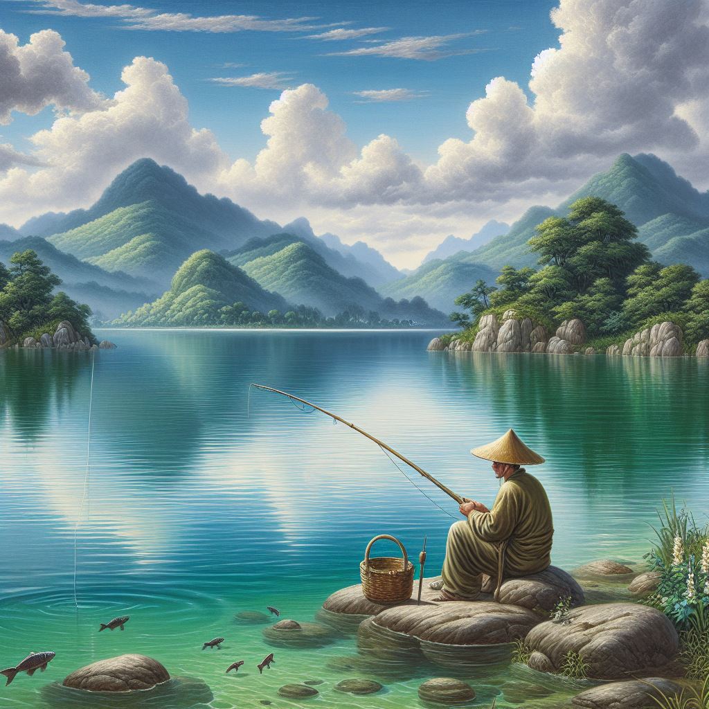 湖光山色,工笔山水画中的老者垂钓画景