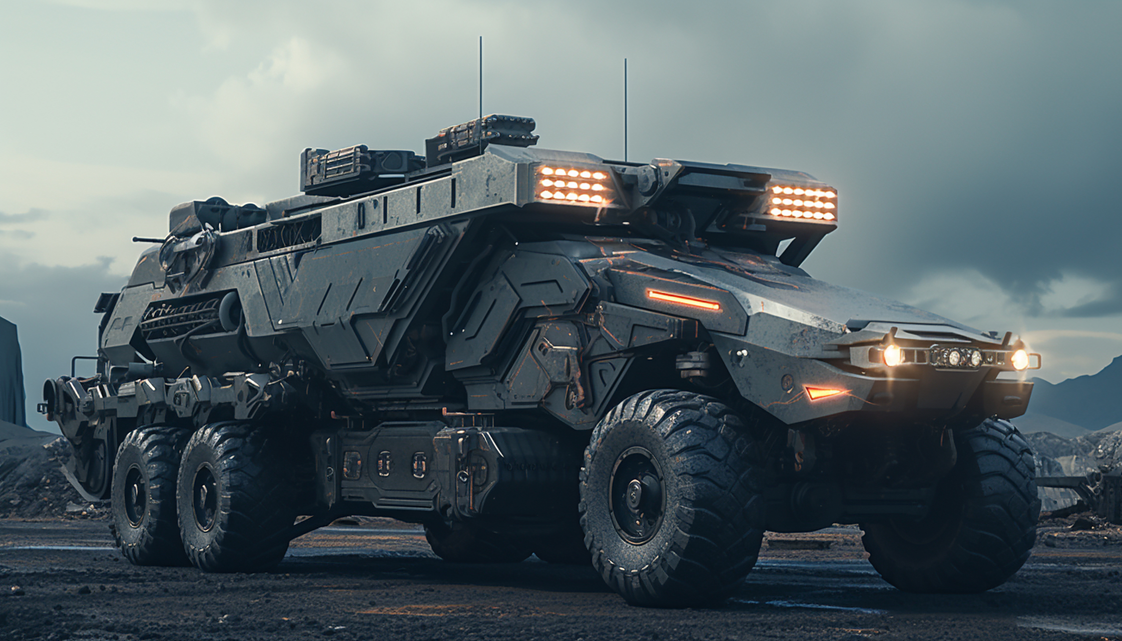 ai生成的一组装甲车辆作品,采用了多轮底盘,适合崎岖地形行驶,可以