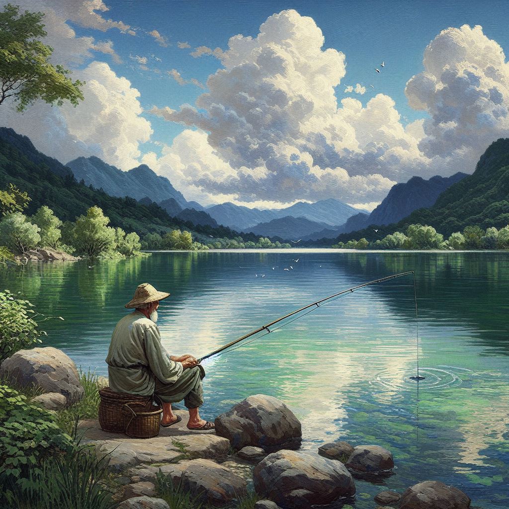 湖光山色,工笔山水画中的老者垂钓画景