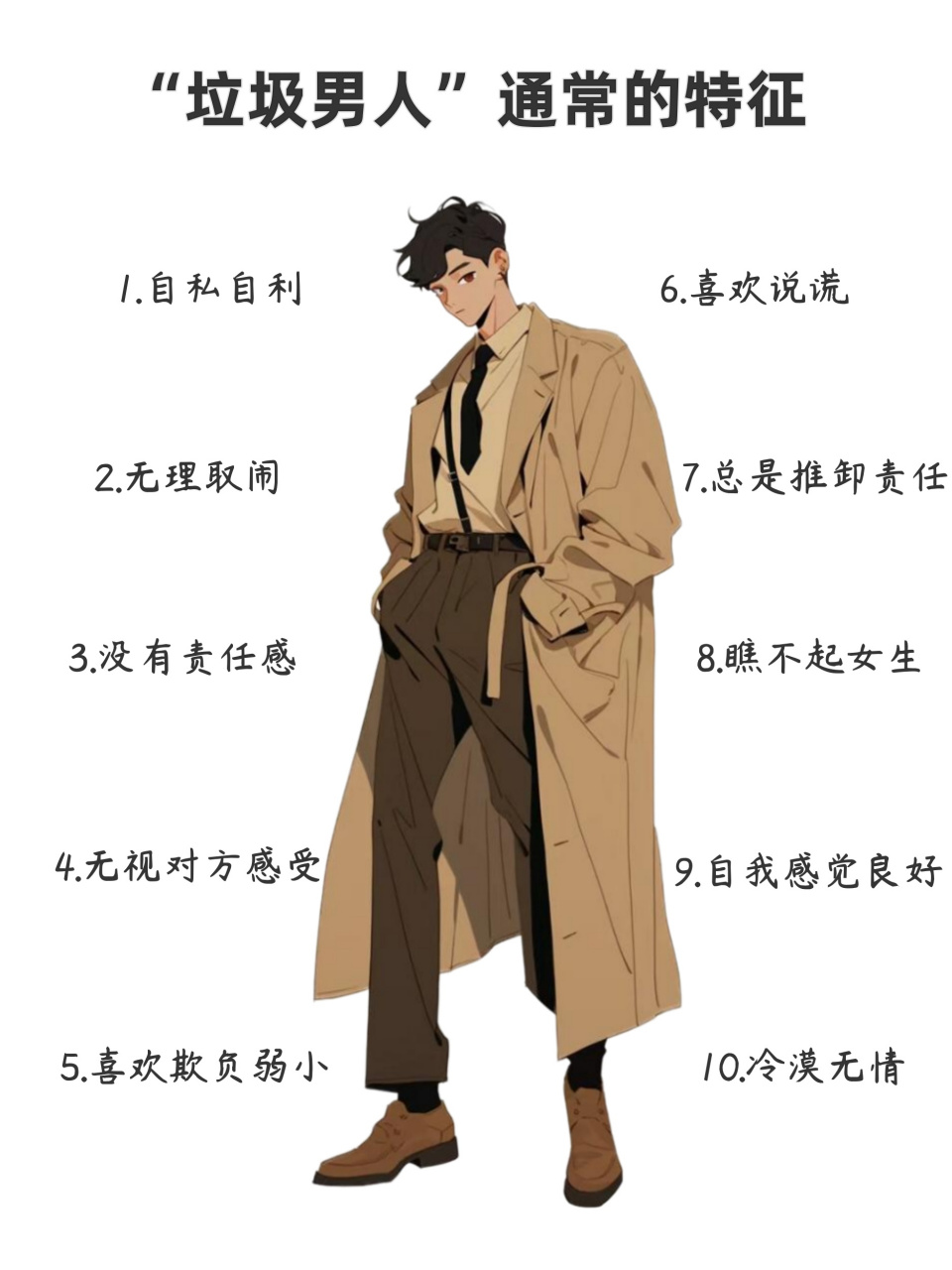 "垃圾男人"通常有 10 个特征  1.自私自利 2.无理取闹 3.