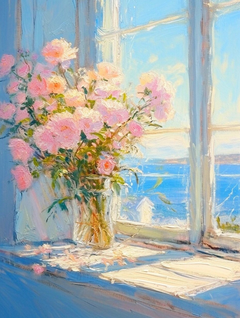 氛围感油画丨浅蓝色窗台  阳光以最温柔的笔触,蘸满初春的浅蓝,涂抹在