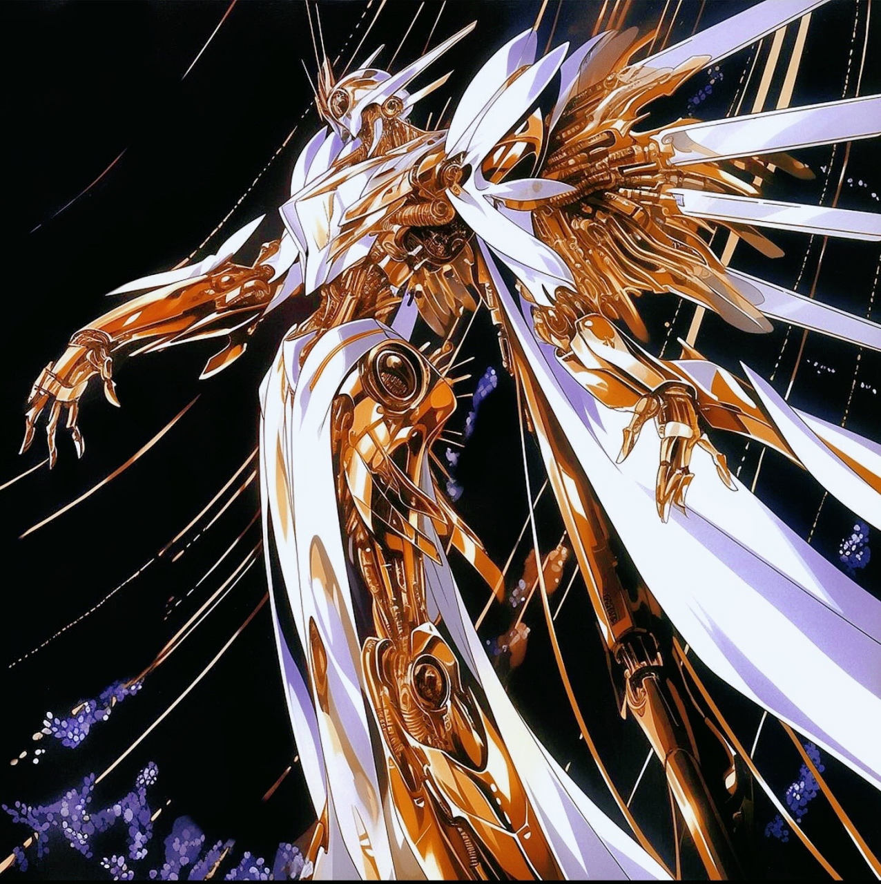 ai生成的一组科幻绘画作品,描绘了充满金色质感的机甲和战舰,画风复古