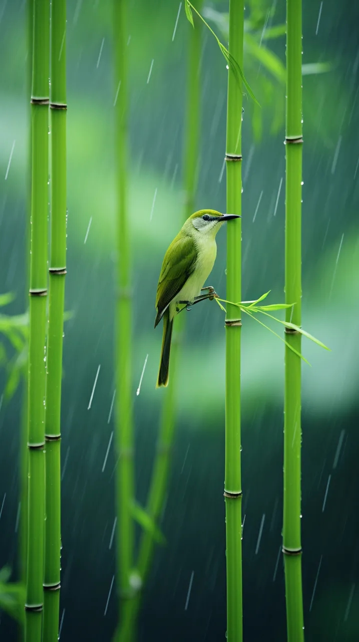 护眼壁纸-竹林中的小鸟 满眼的绿,竹林深处,下着雨,可爱灵动的小鸟