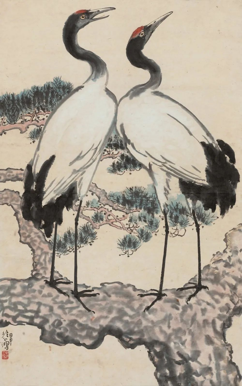 将一只仙鹤并置为画面主体,松树退而成为衬景,在徐悲鸿画作中,仙鹤