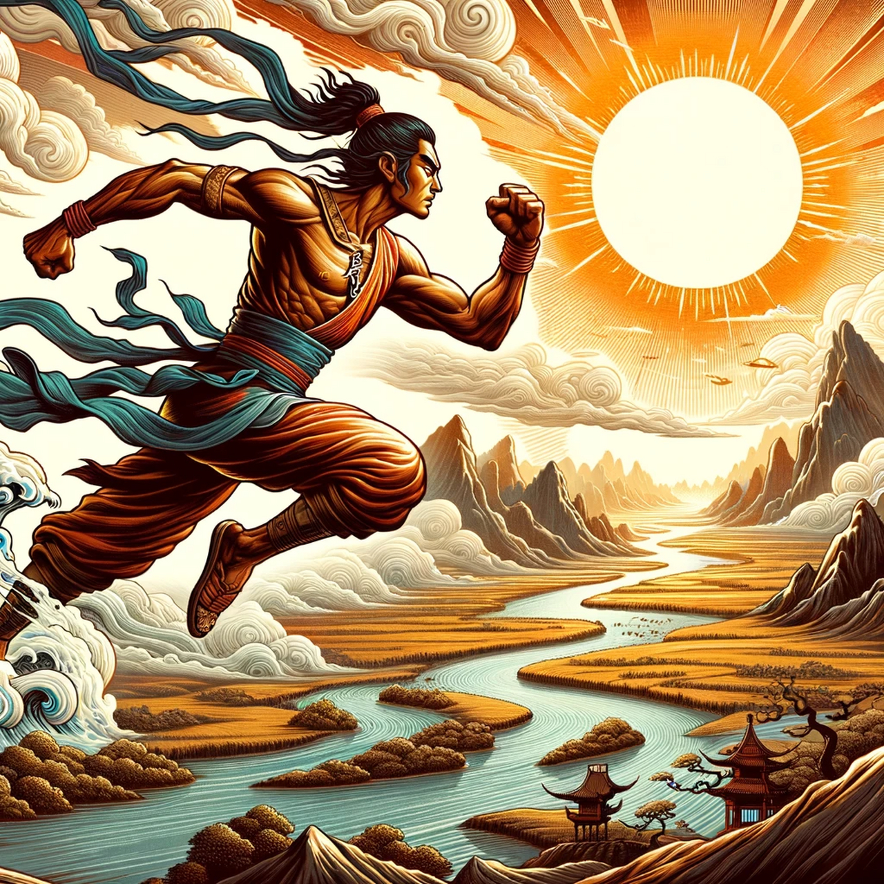 夸父为了追赶太阳,从东至西不懈奔跑,体现了他对光明和真理的渴望.