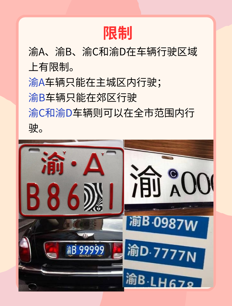 渝a,渝b,渝c和渝d是重庆市的车牌号,代表了不同的地区和车辆类型.