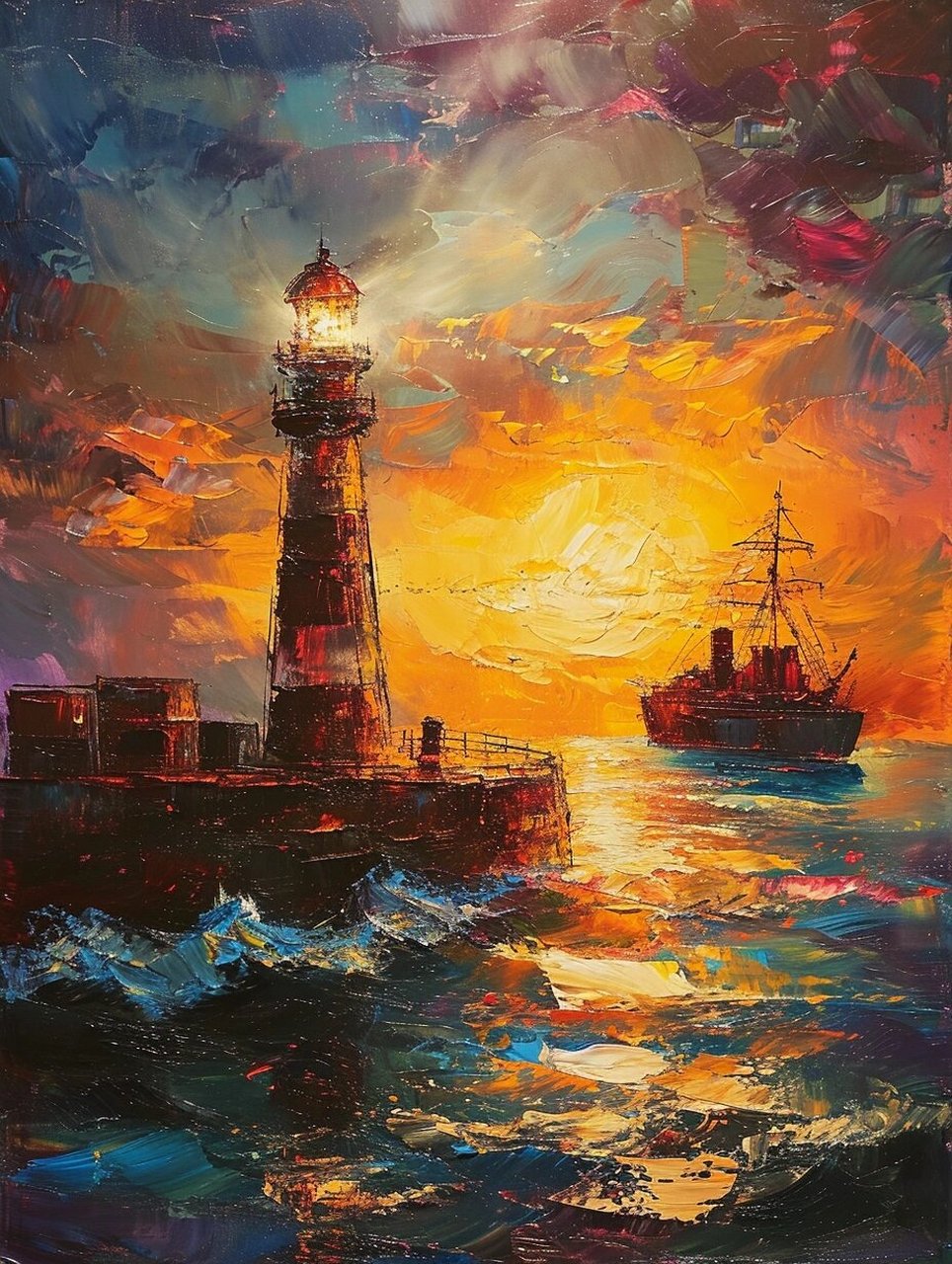 在晨光的洗礼下, 灯塔的剪影显得更加坚毅,  在晨曦的照耀下,灯塔的