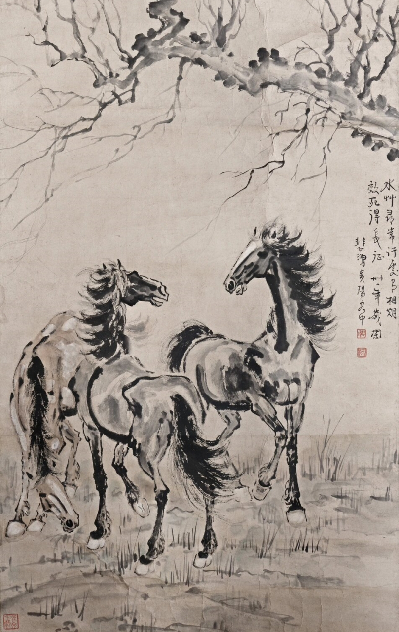 每日中国画欣赏(7)徐悲鸿画马(中)双马图  徐悲鸿,1895年至1953年