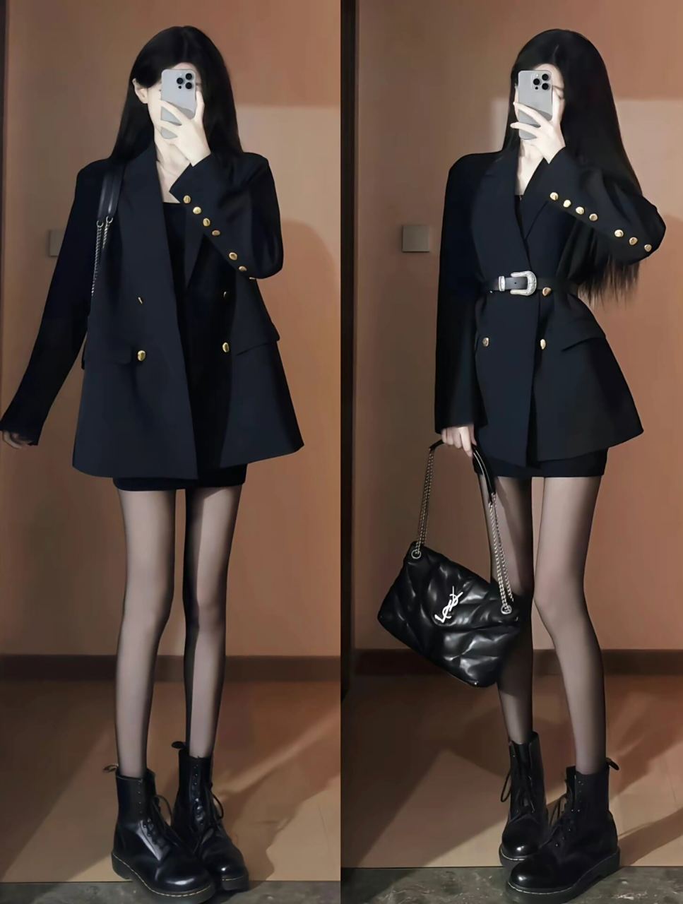 御姐范穿搭  用一套深黑色长款皮衣,内搭高腰修身裤,脚踩一双尖头高跟