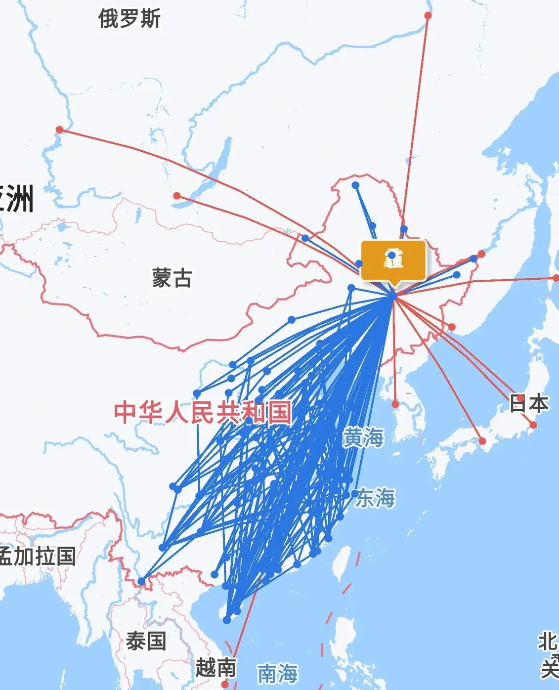 看看哈尔滨机场一天的飞机进出港航航线图.