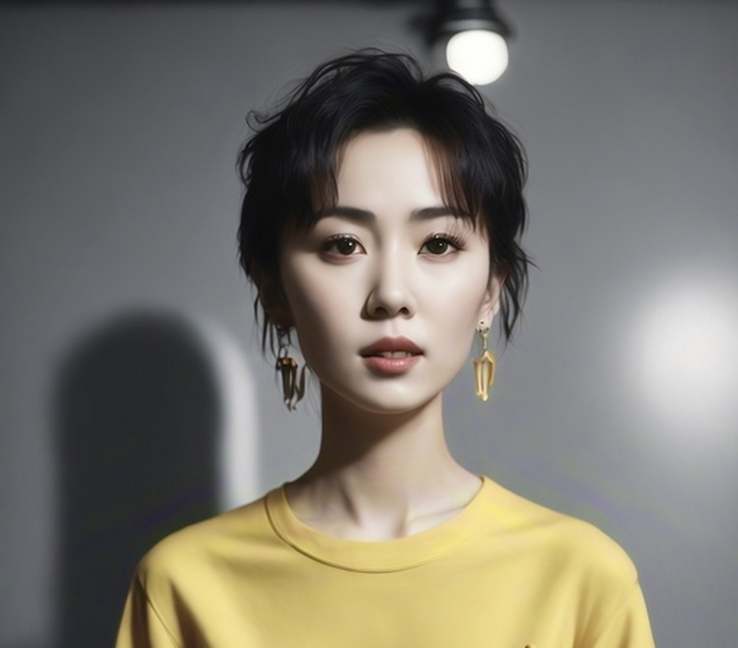 短发佳人,明眸皓齿.身穿黄衣,耳坠金饰.面容清秀,气质优雅.