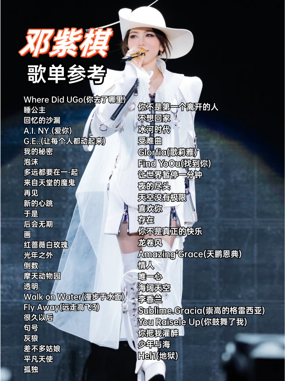 邓紫棋歌单参考  大家喜欢邓紫棋的歌吗!关于她的歌单如下图!