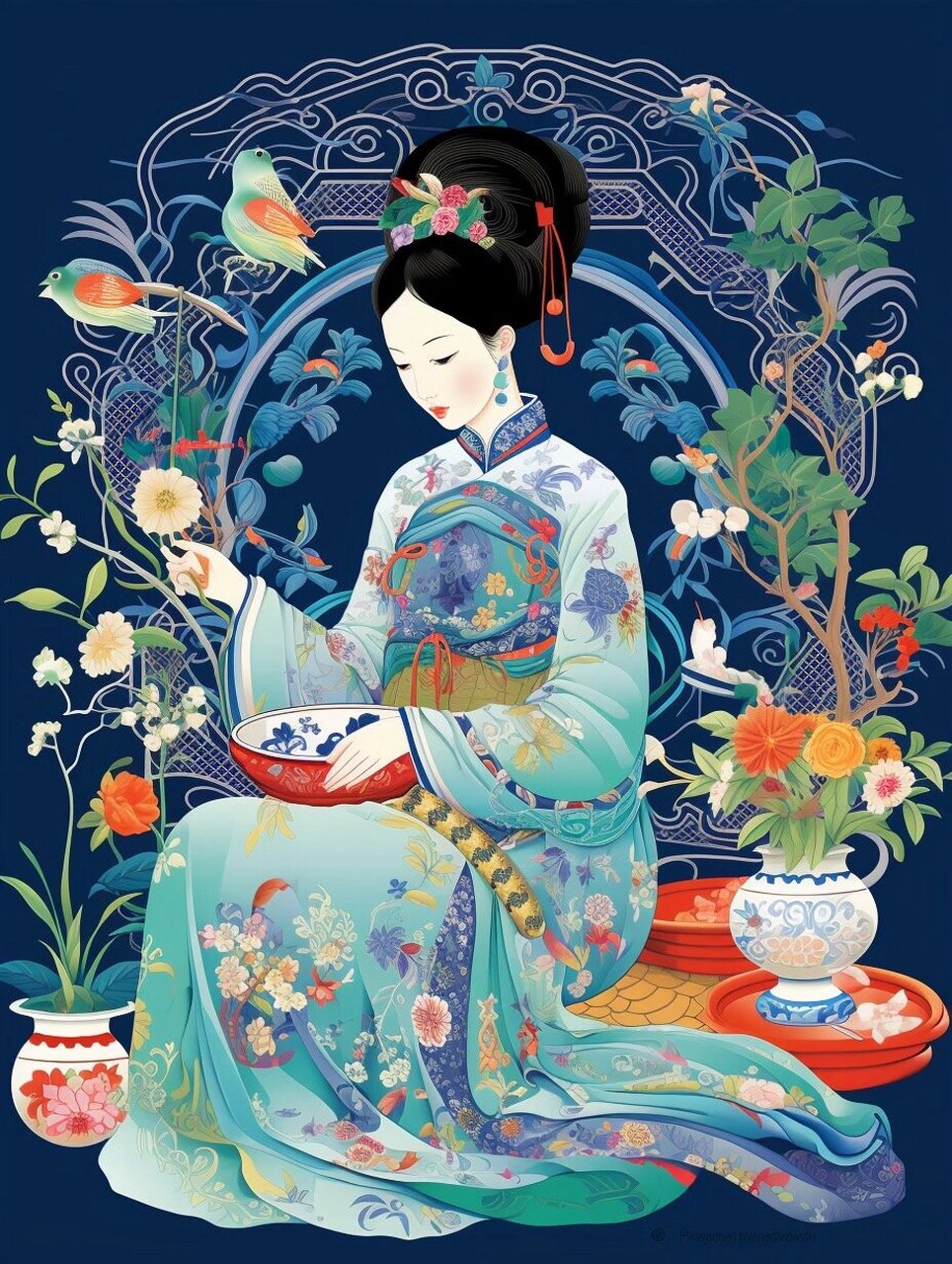 国风古典美人  中国刺绣,又称为"针绣"或"绣花",是一种以针线在织物上