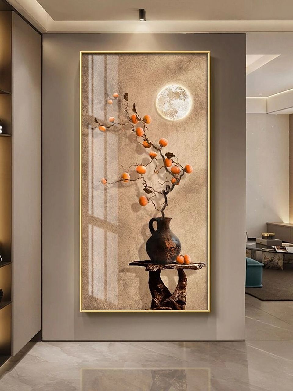 柿柿如意入户玄关装饰画新中式走廊过道挂画  玄关处,一幅新中式走廊