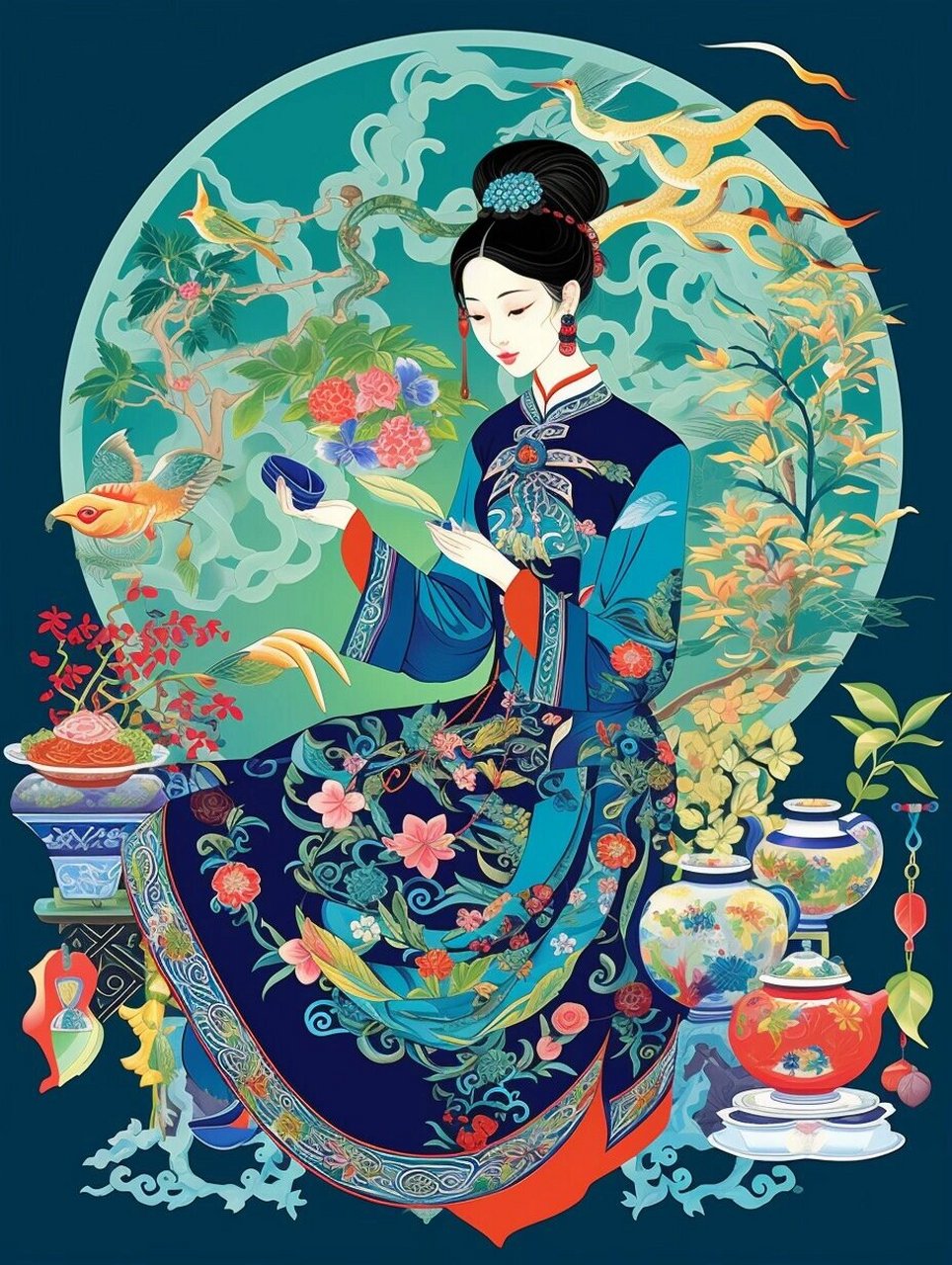 国风古典美人  中国刺绣,又称为"针绣"或"绣花",是一种以针线在织物上