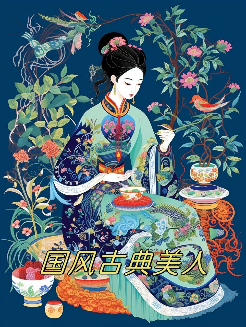 国风古典美人  中国刺绣,又称为"针绣"或"绣花",是一种以针线在织物上