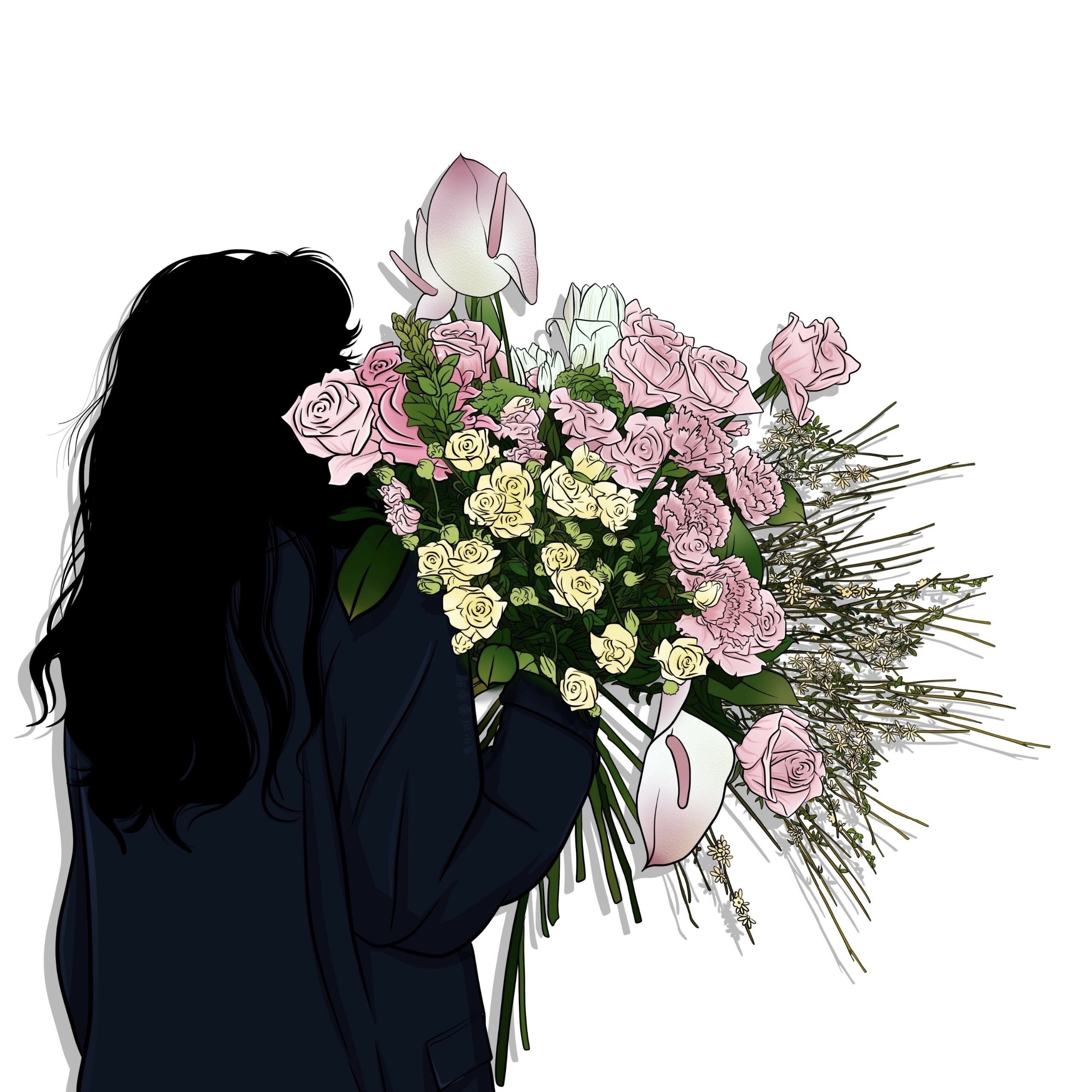 头像 背影抱白玫瑰花头像背影手拿鲜花的唯美背影头像手绘图片花艺师