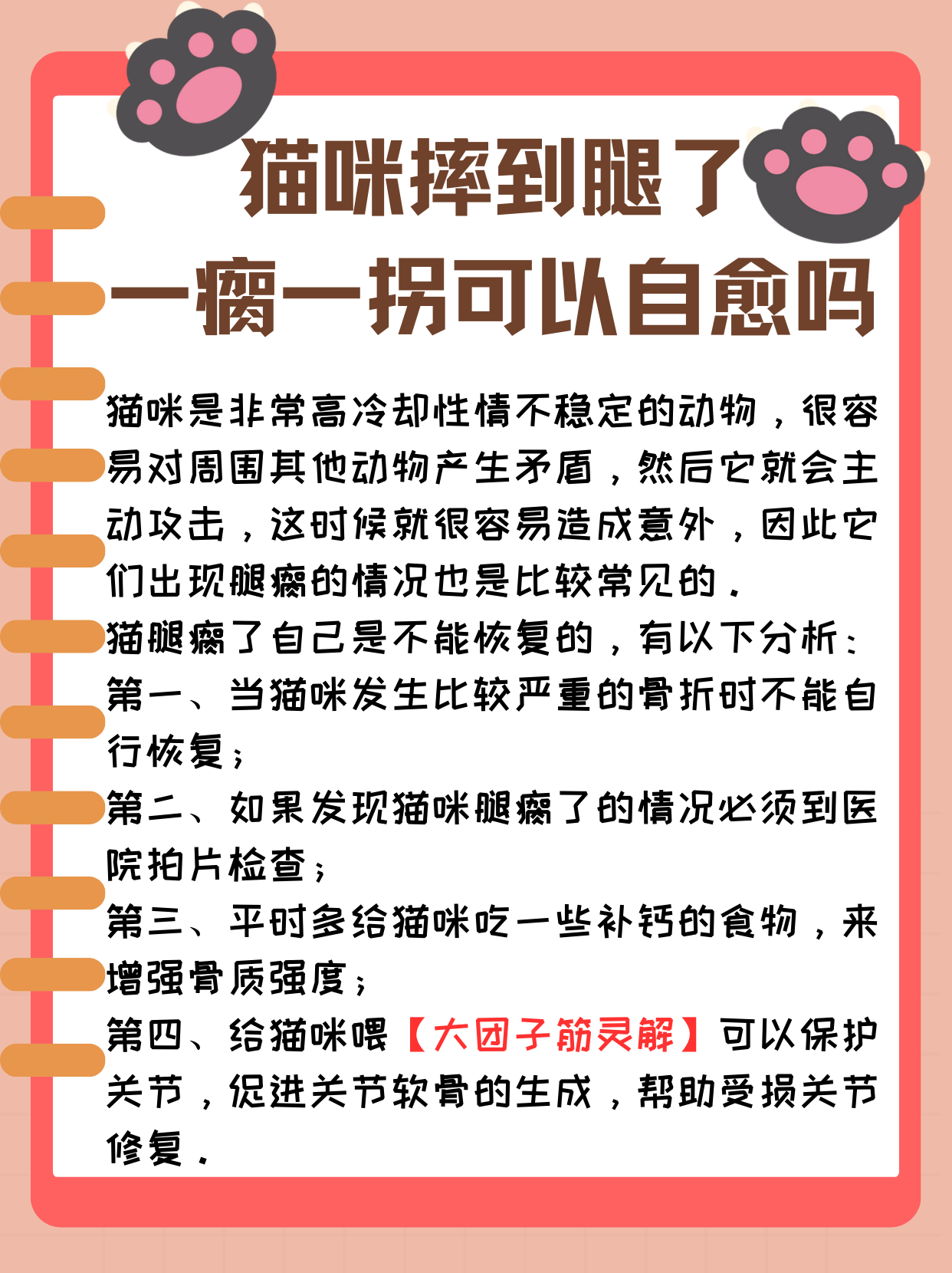 猫咪摔到腿了一瘸一拐可以自愈吗