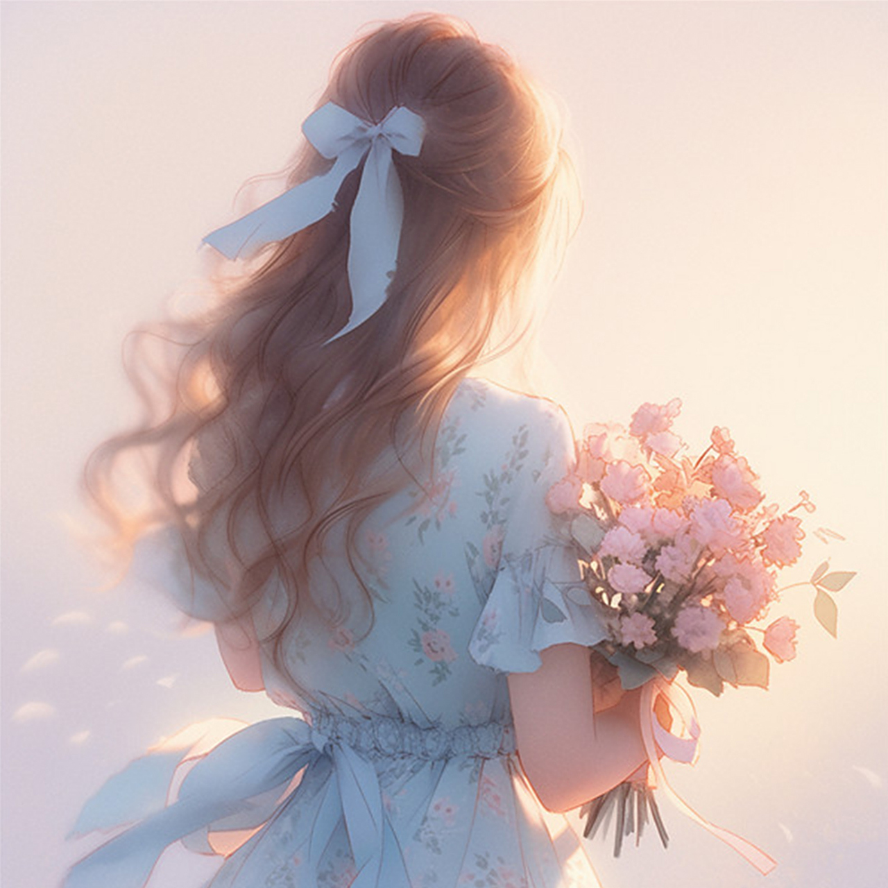 分享一组超级好看的女生背影头像,手捧鲜花,面朝大海,阳光下波光粼粼