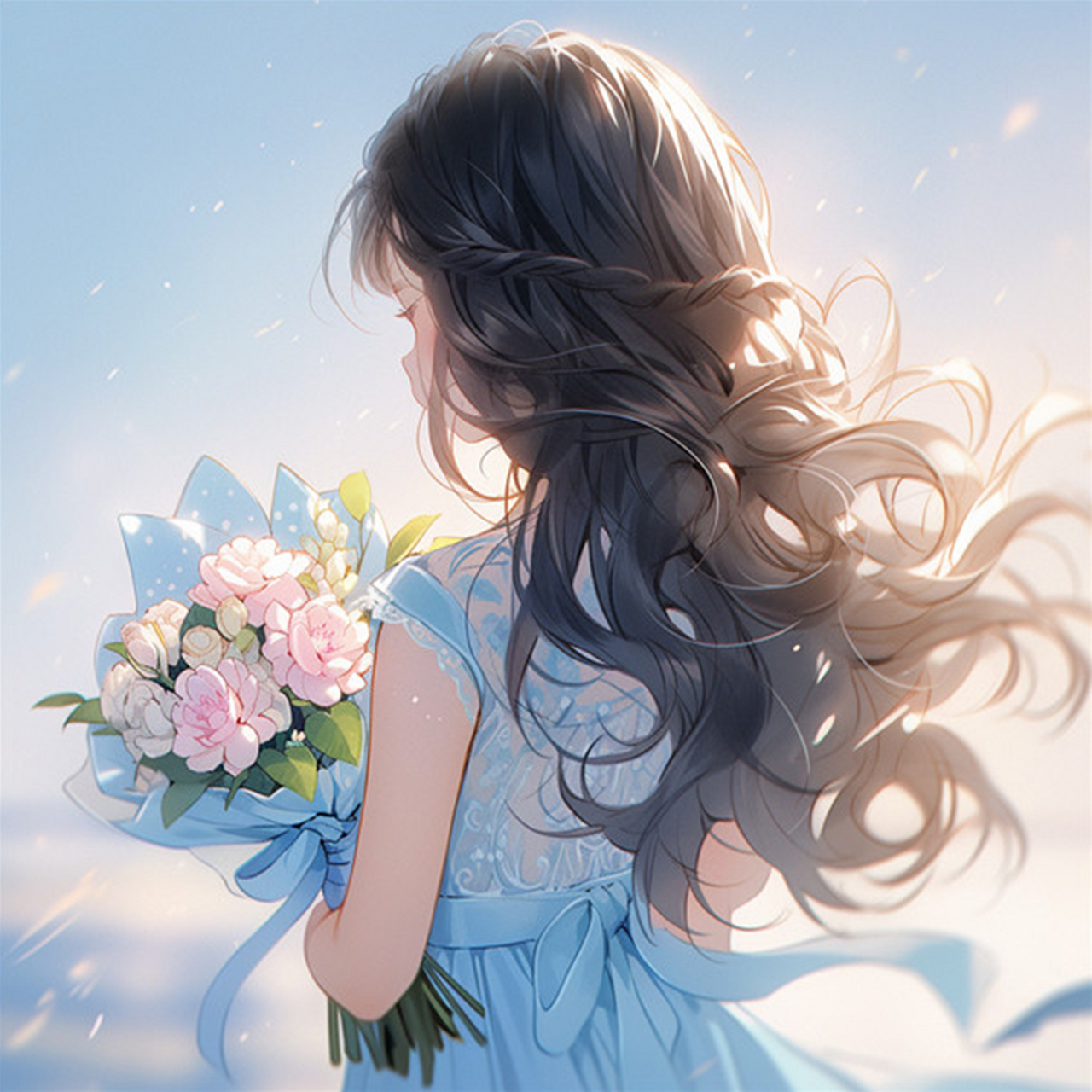 手捧鲜花的手绘女生背影头像989898 分享一组超级好看的女生